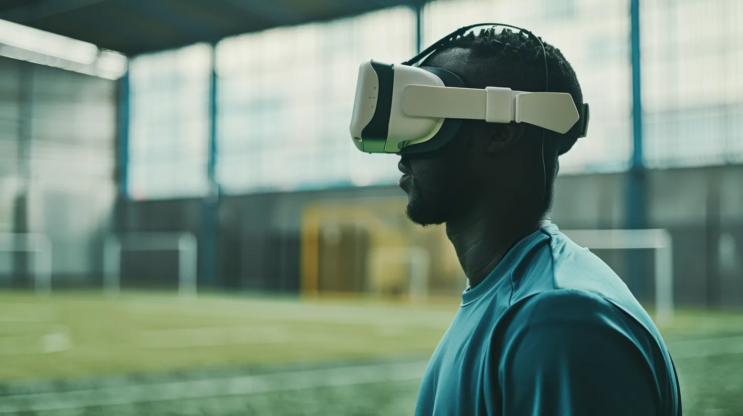 Athlete wearing a VR headset on a football pitch