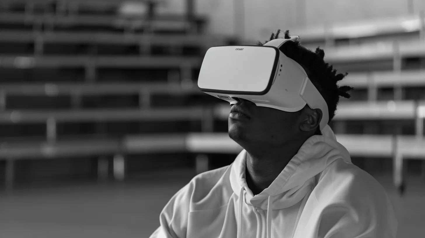 Black-and-white portrait of a man in a hooded top wearing a white VR headset