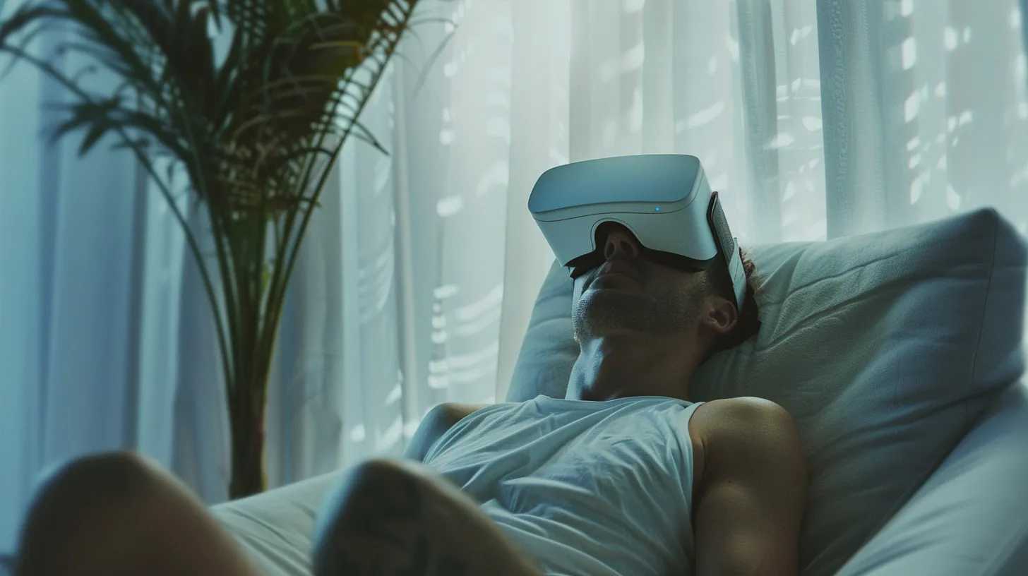 Man reclining on a pillow wearing a VR headset, with a palm and white curtains