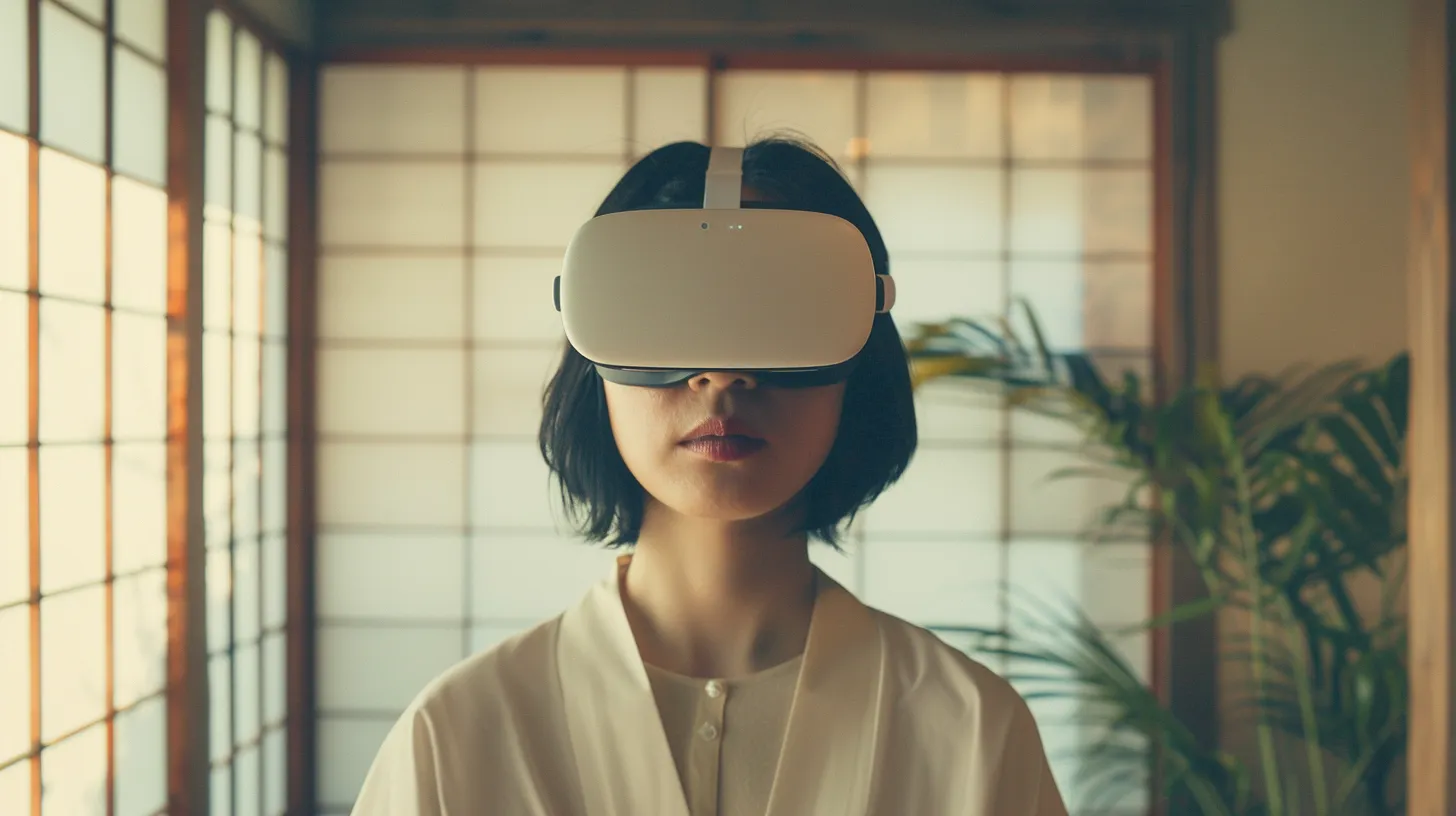 Woman with a bob haircut wearing a VR headset in front of paper screens