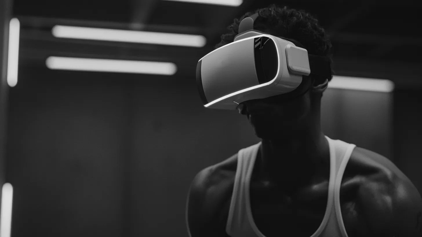 Black-and-white portrait of an athlete wearing a VR headset
